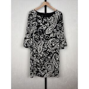 Talbots Women's Paisley Crepe Shift Dress 10 Black Workwear Classic Flare Sleeve